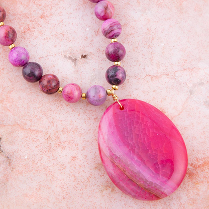 Pink magenta dreams agate slab pendant necklace featuring a polished stone pendant on a silver chain, jewelry by Start2Finish