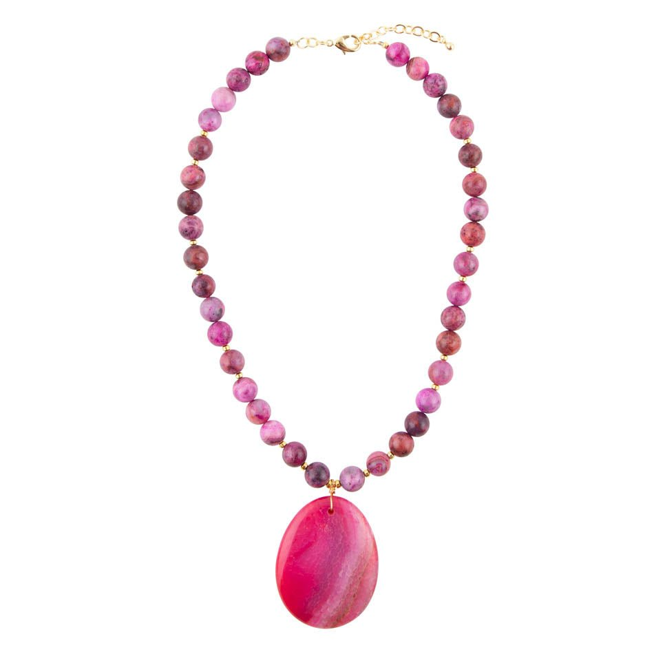 Pink magenta agate slab pendant necklace with natural stone and silver chain, jewelry piece showcasing vibrant stone details