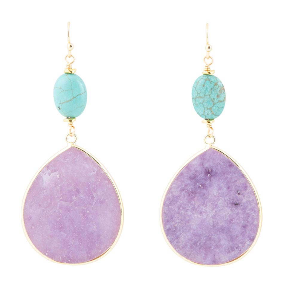 Purple amethyst tear-shaped golden drop earrings, elegant jewelry featuring purple gemstones with gold hooks.