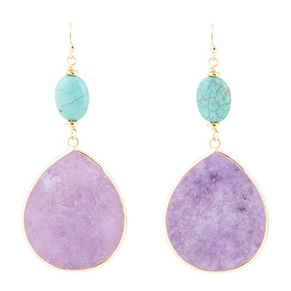 Purple amethyst tear-shaped golden drop earrings, elegant jewelry featuring purple gemstones with gold hooks.