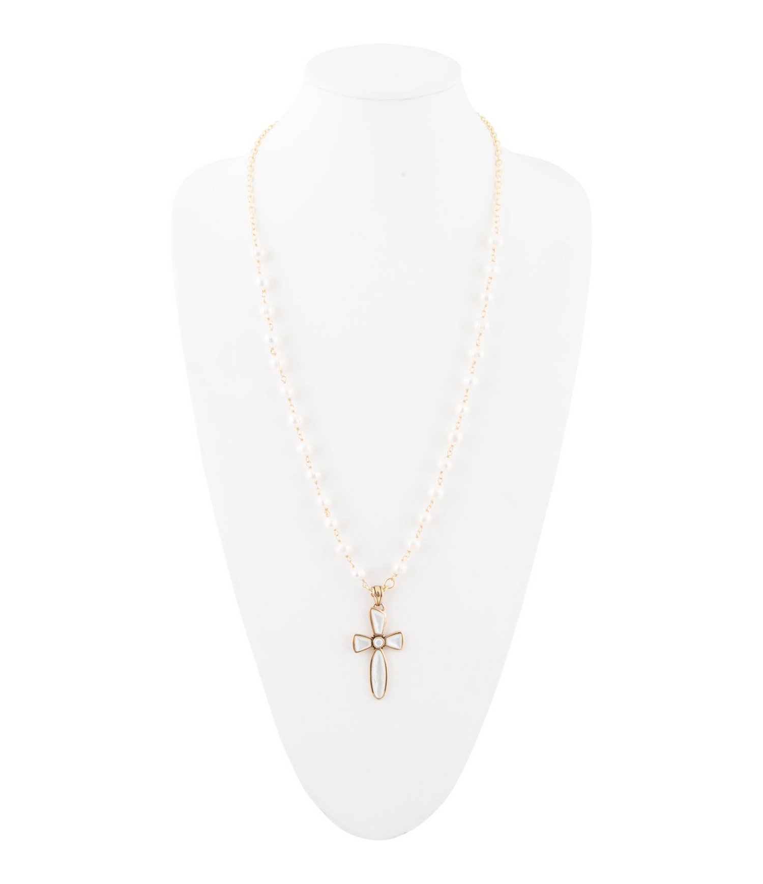 Start2Finish Las Cruces white pearl cross pendant necklace featuring a silver chain and a white pearl cross charm.