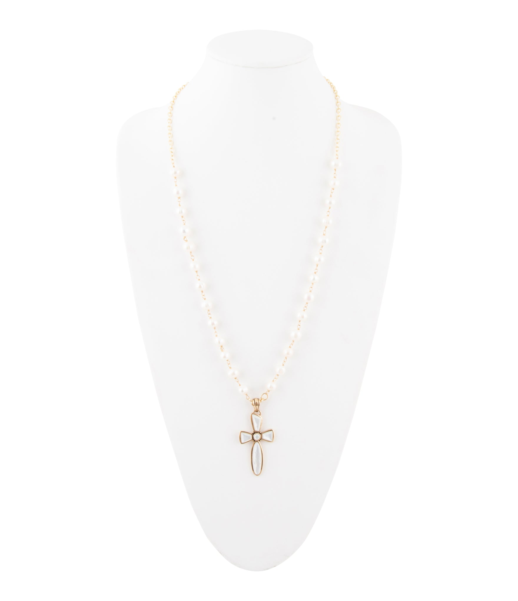 Start2Finish Las Cruces white pearl cross pendant necklace featuring a silver chain and a white pearl cross charm.