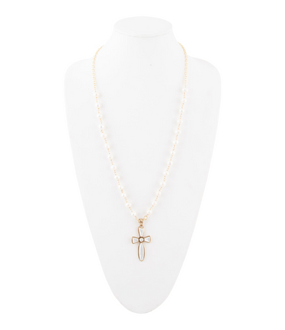 Start2Finish Las Cruces white pearl cross pendant necklace featuring a silver chain and a white pearl cross charm.