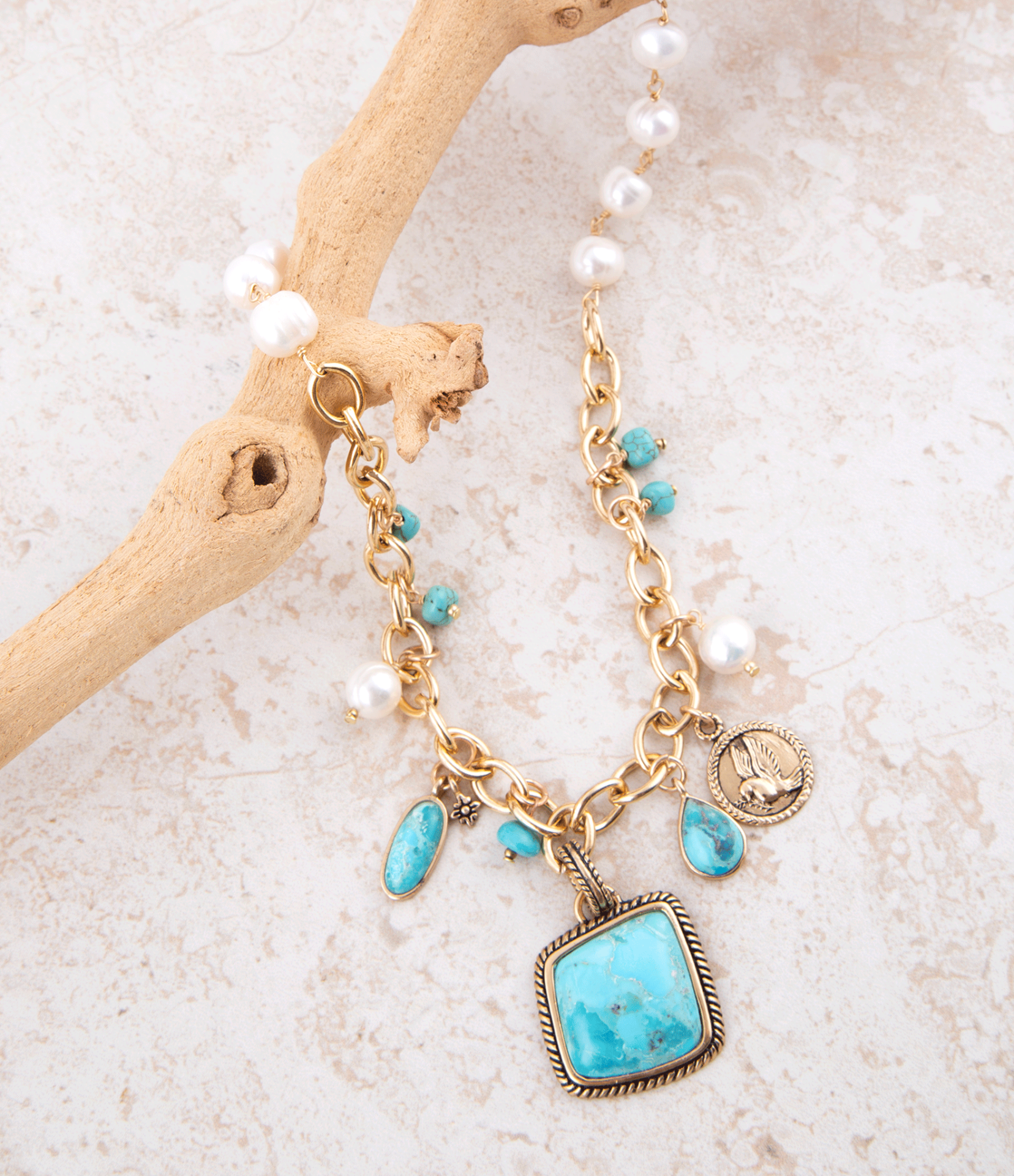 Blue turquoise and white pearl multi-pendant gold necklace with intricate jewelry design by Start2Finish.