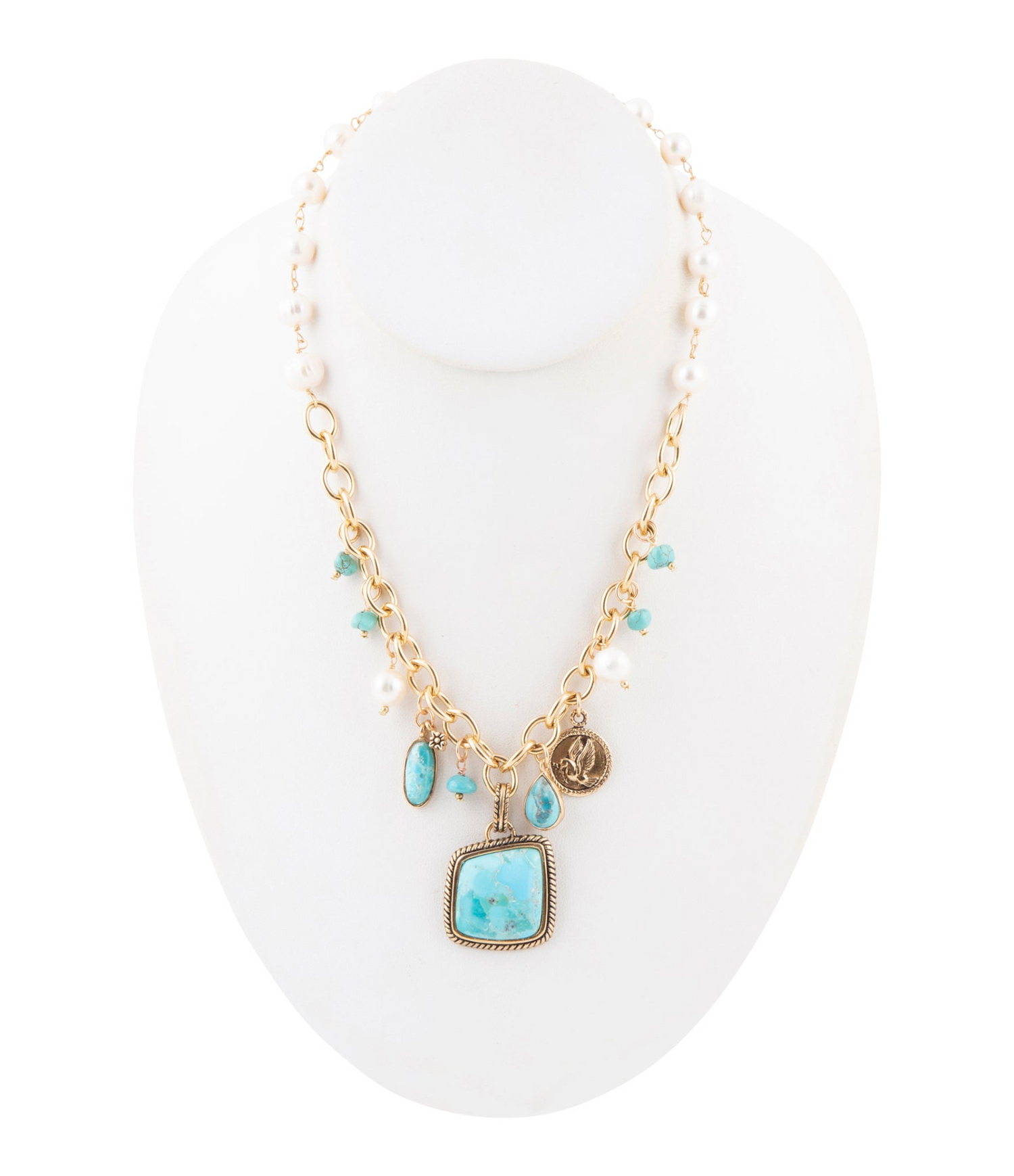 Blue turquoise and white pearl multi-pendant golden necklace, elegant jewelry with layered pendant design and gold chain.