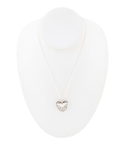 Sterling silver engraved heart pendant necklace with intricate detailing, jewelry piece featuring a polished heart charm.