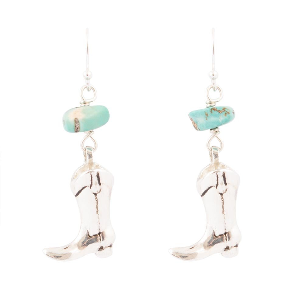 Sterling silver boot charm and blue turquoise earrings from Start2Finish, featuring detailed silver jewelry with vibrant turquoise accents.