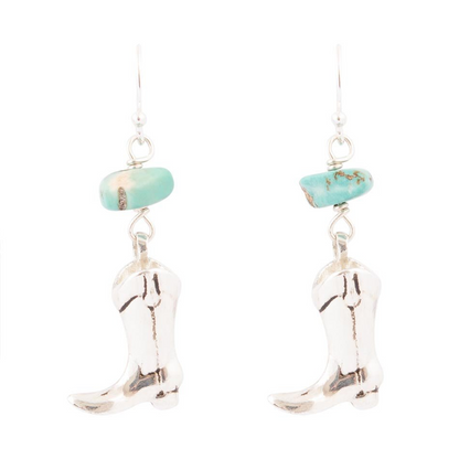 Sterling silver boot charm and blue turquoise earrings from Start2Finish, featuring detailed silver jewelry with vibrant turquoise accents.