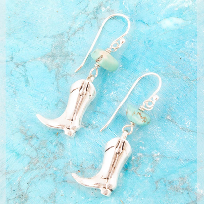 Sterling silver boot charm and blue turquoise earrings with silver hooks, jewelry set featuring turquoise stones and detailed silver design.