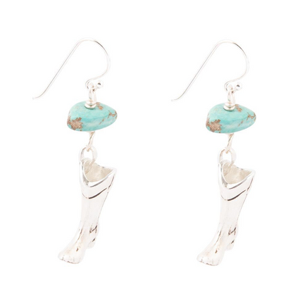 Sterling silver boot charm and blue turquoise earrings, stylish jewelry pieces with silver and vibrant turquoise accents.