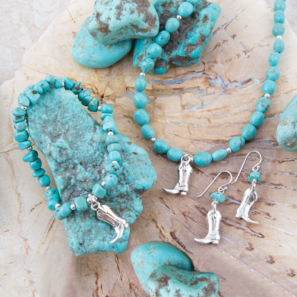 Sterling silver boot charm and blue turquoise earrings with silver hooks, detailed jewelry pieces displayed on a white background.