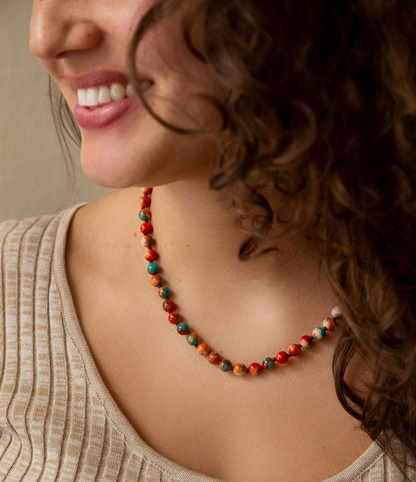 Multicolor ocean jade and gold wrap necklace by Start2Finish, featuring vibrant beads and elegant jewelry design.