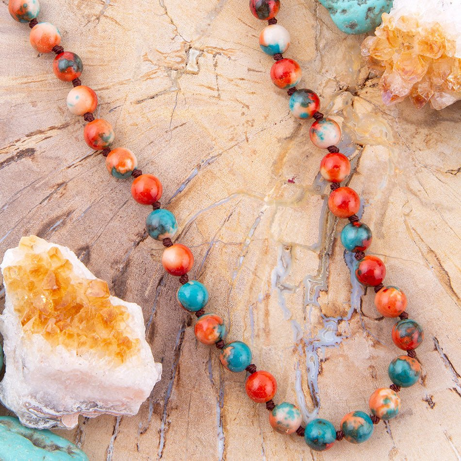 Multicolor Ocean Jade and gold wrap necklace by Start2Finish, featuring vibrant beads and elegant jewelry design.