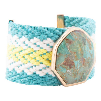 Blue turquoise woven bracelet from Start2Finish jewelry collection featuring intricate textile craftsmanship and vibrant color details.