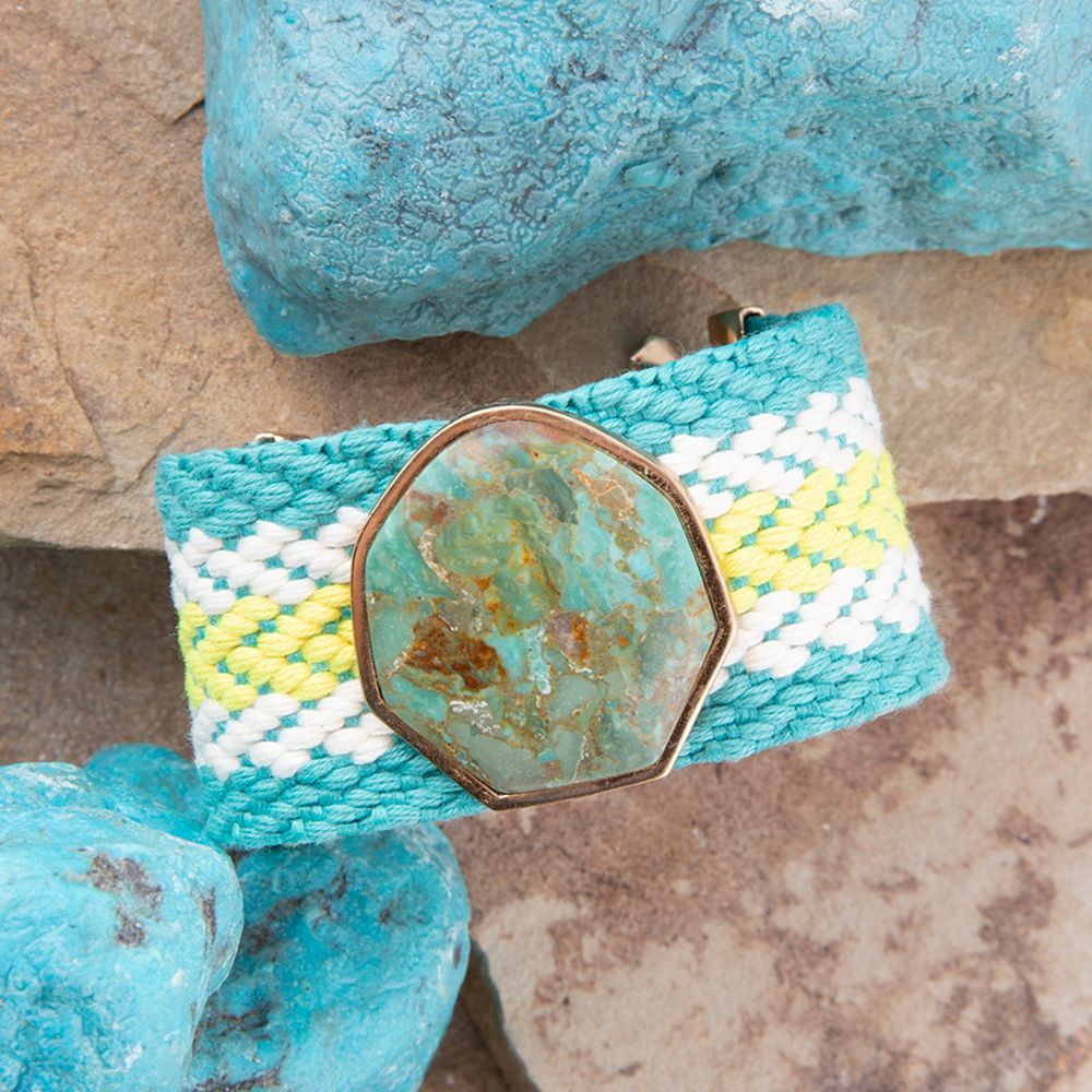 Blue Turquoise Textile Blues woven bracelet with intricate patterns, handmade jewelry by Start2Finish.