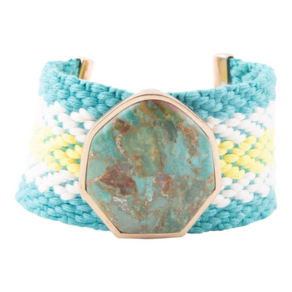 Blue turquoise woven bracelet with textile design from Start2Finish jewelry collection, featuring intricate blue and natural fiber details.