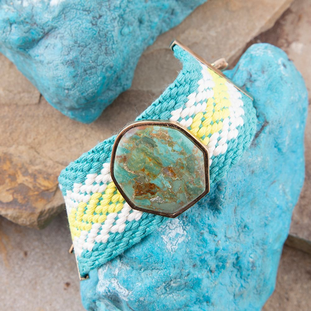 Blue turquoise woven bracelet featuring textile blues, jewelry piece with intricate woven design by Start2Finish.