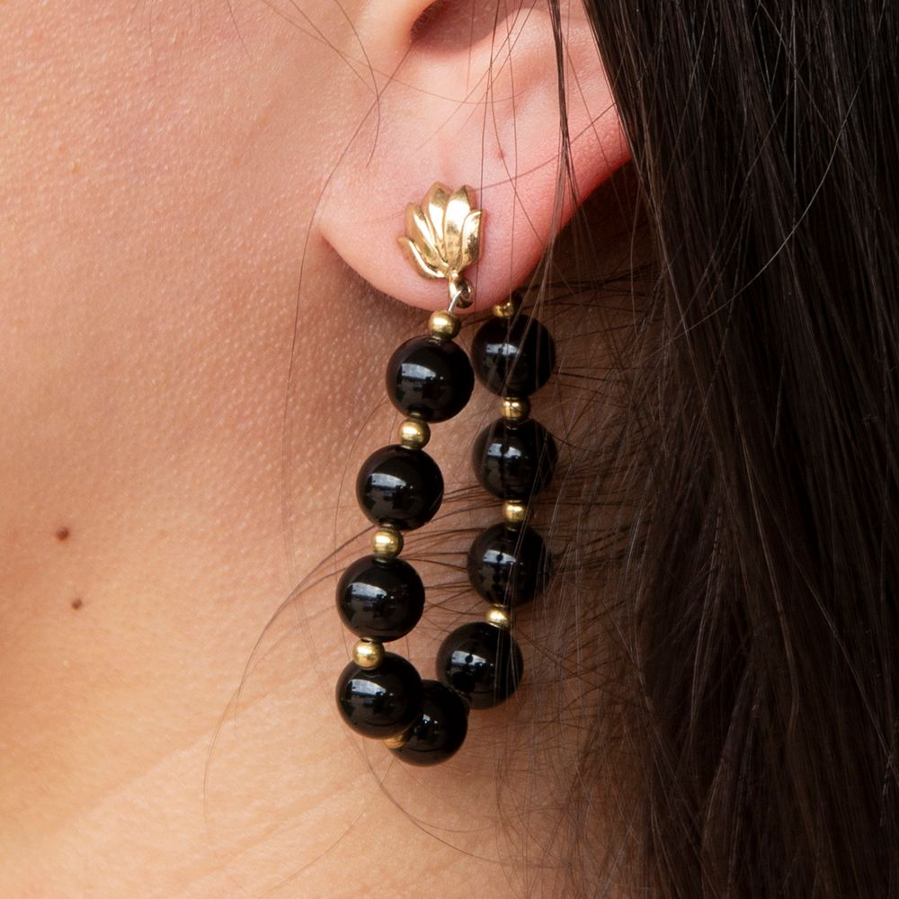 Start2Finish Carly black onyx gold post earrings featuring a complete loop design, elegant jewelry accessory for everyday wear.