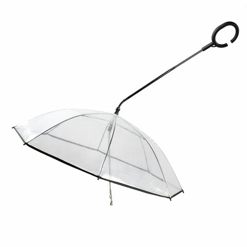 Transparent pet umbrella by Maroon Asteria, adjustable pet supplies for rain protection, shown with a small dog under the umbrella.