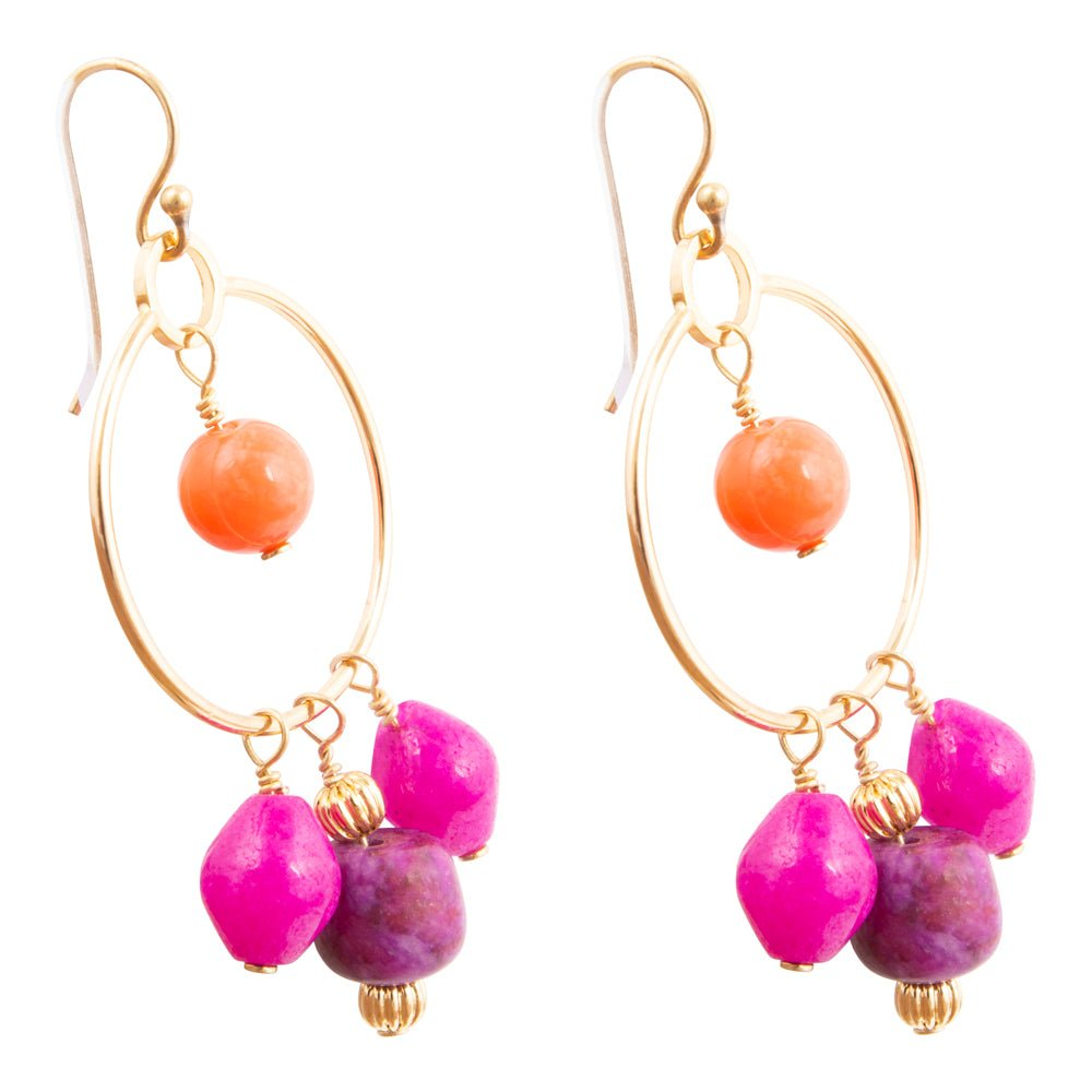 Start2Finish Bordeaux Pink Jade Chandelier Golden Earrings featuring pink jade drops and intricate gold detailing.