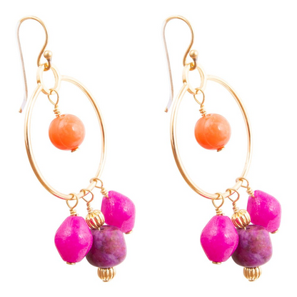 Start2Finish Bordeaux Pink Jade Chandelier Golden Earrings featuring pink jade drops and intricate gold detailing.