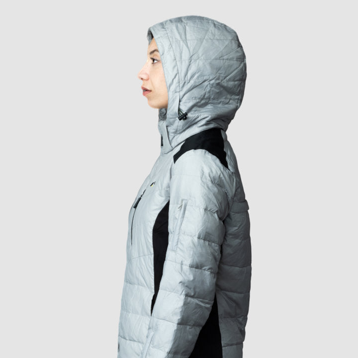 Women’s Gray EcoDown Jacket by Rose Hemera, stylish activewear with a cozy, insulated look for outdoor activities.