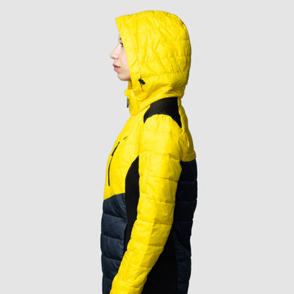 Women’s yellow EcoDown activewear jacket by Rose Hemera, lightweight insulated outdoor jacket with a hood and fitted design.