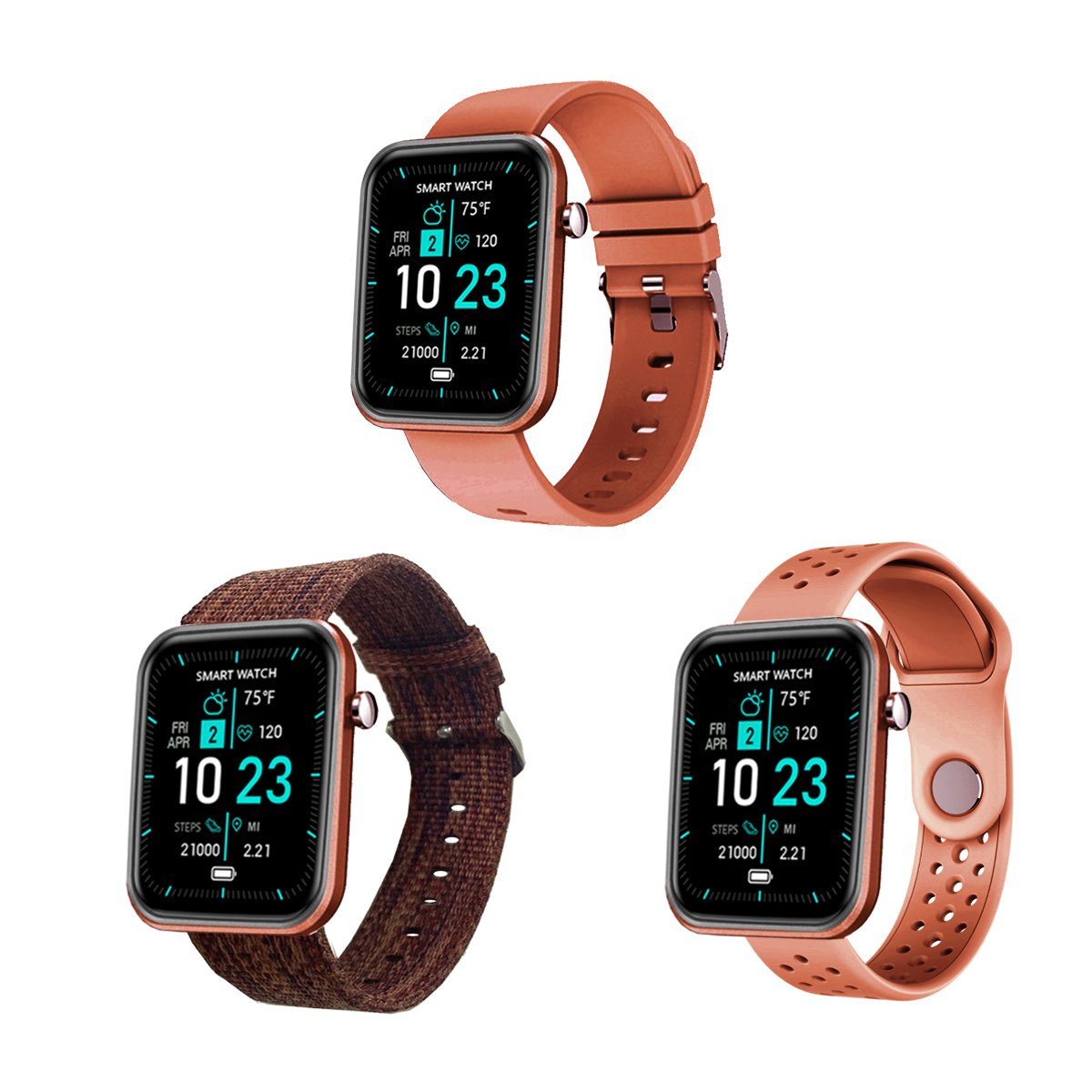 Salmon Lucky advanced smartwatch with three interchangeable bands and wellness activity tracker on a display screen.