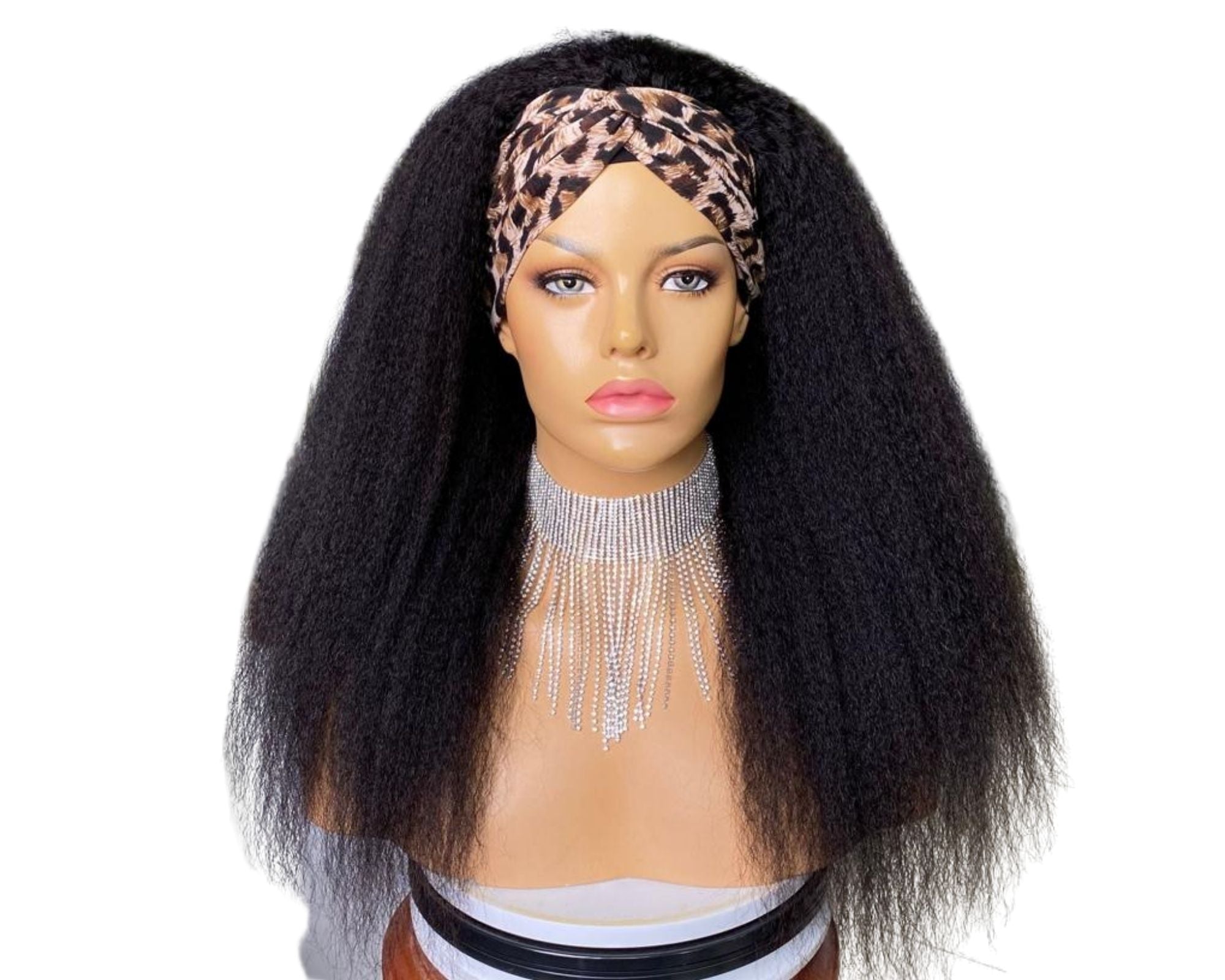 Cerise Alfie kinky straight headband wig made of human hair, styled with a matching scarf for easy, glue-free wear.