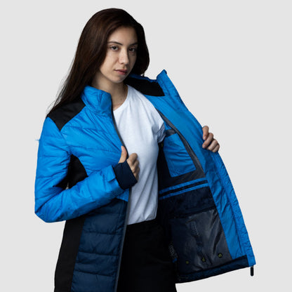 Women’s blue EcoDown jacket by Rose Hemera, lightweight activewear with a quilted design and water-resistant fabric.
