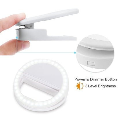 Yellow Pandora portable selfie ring clip on for mobile phones, compact mobile and laptop accessory with adjustable ring light.