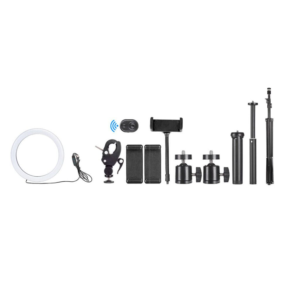 Yellow Pandora 10-inch LED ring light with phone tripod stand, ideal for mobile and laptop photography and video streaming.