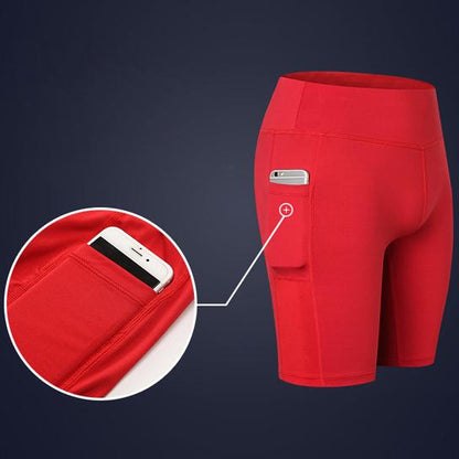 Stretchable All Seasons Yoga Shorts with phone pocket by Salmon Lucky, designed for comfortable activewear and easy phone access.