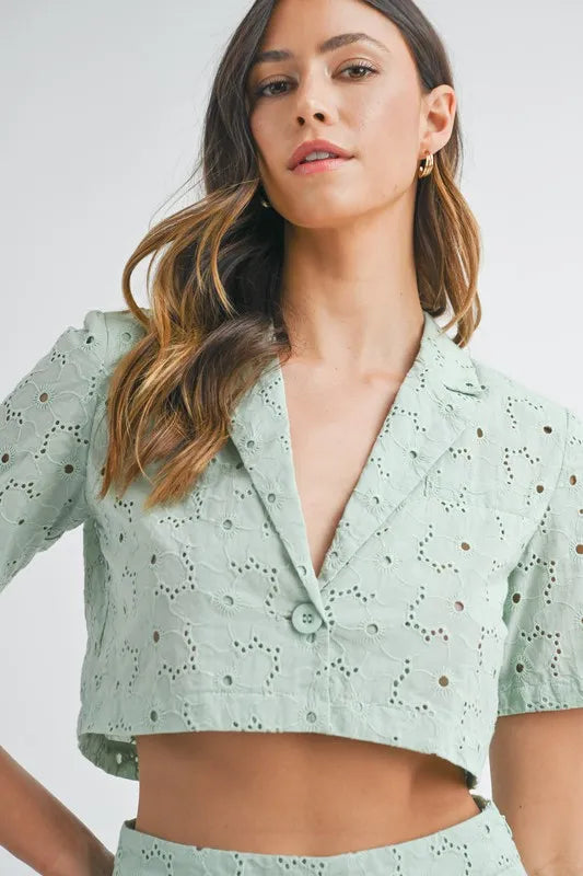 Pear Daisy MABLE eyelet crop top and shorts set, casual home wear with short sleeves and breathable eyelet fabric.