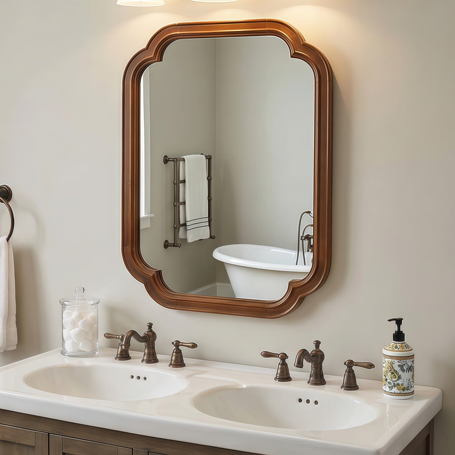 Solid wood frame rounded corner decorative mirror by Sangria Beech, ideal for bedroom wall decor with elegant craftsmanship.