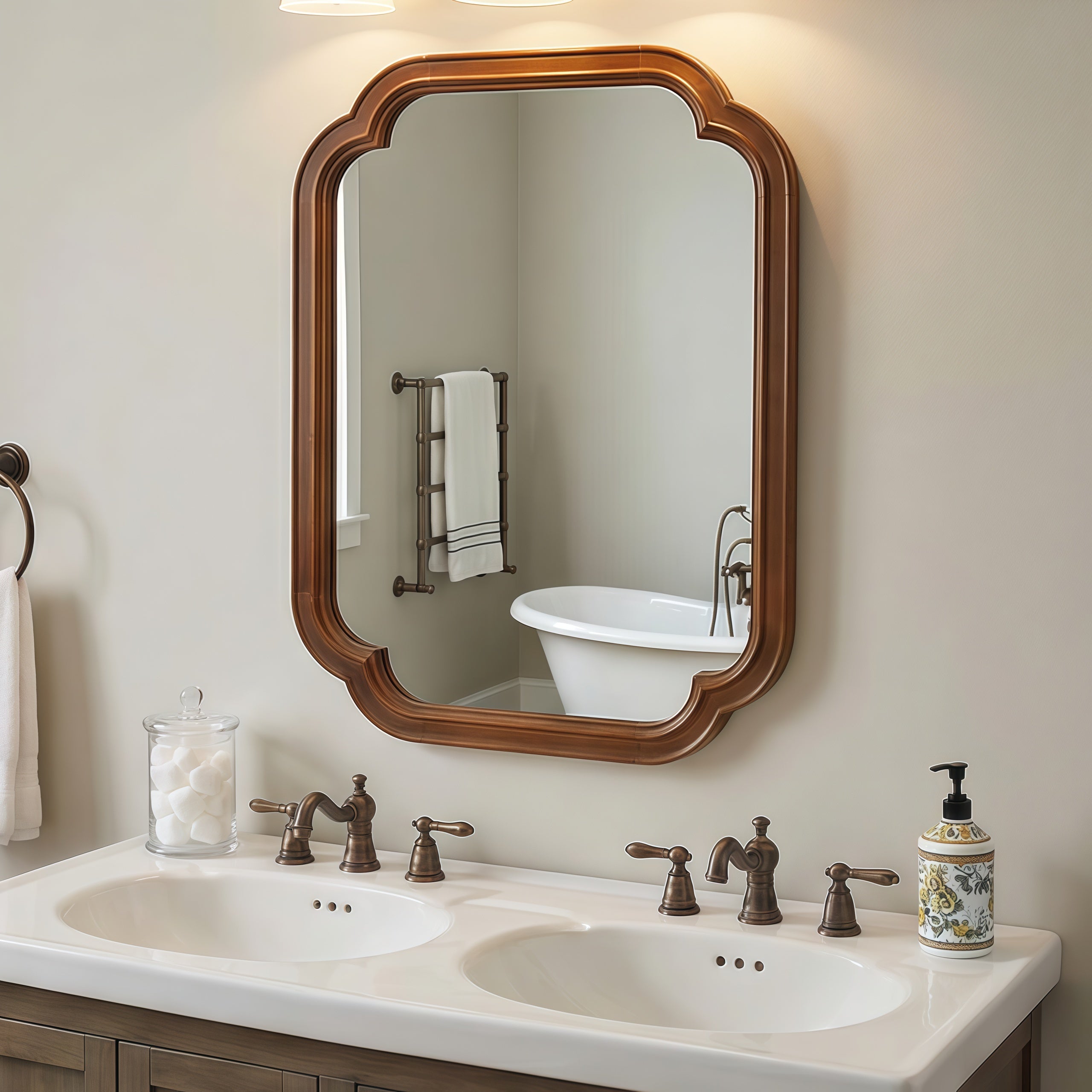 Solid wood frame rounded corner decorative mirror by Sangria Beech, ideal for bedroom wall decor with elegant craftsmanship.