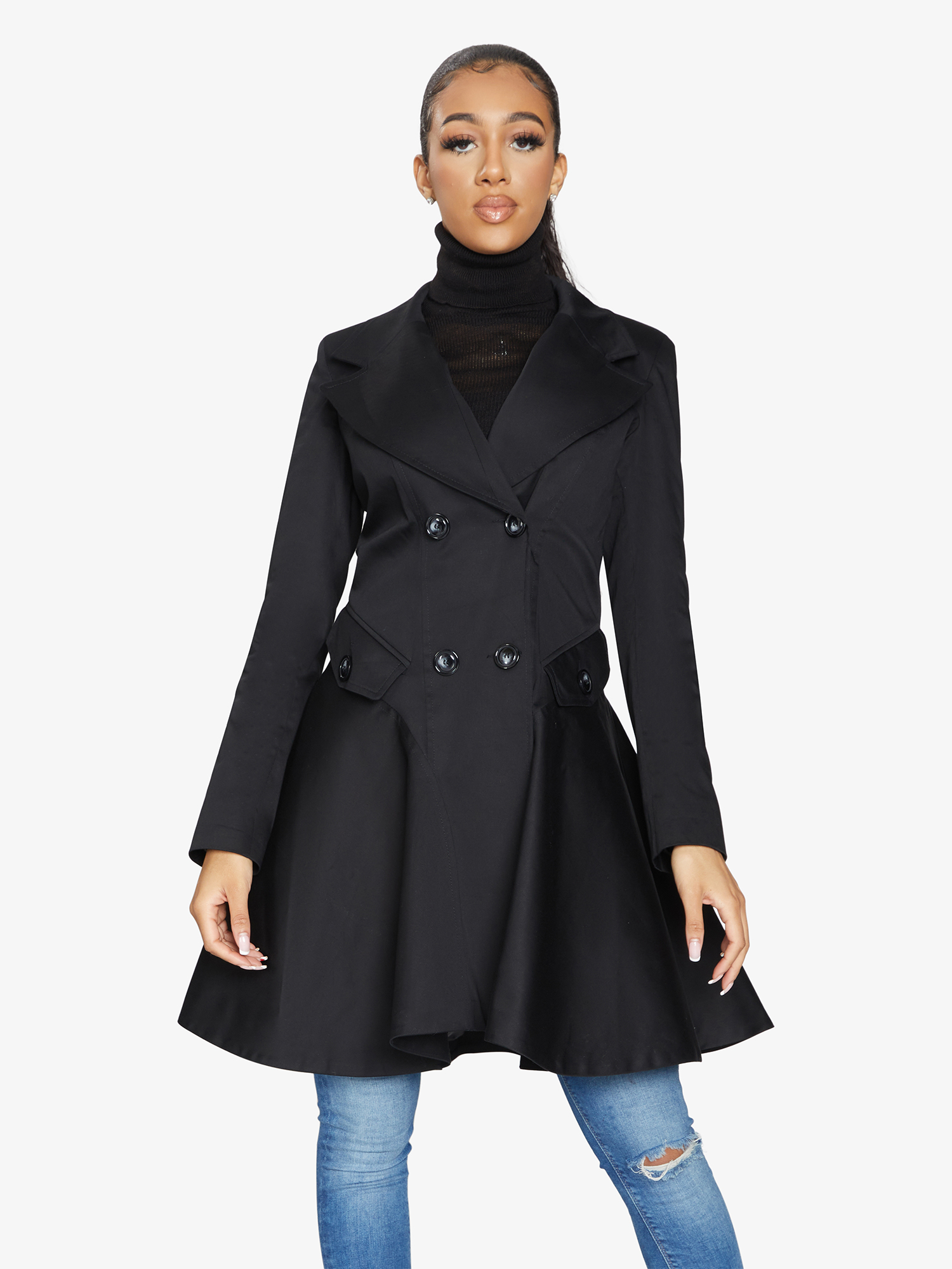 Black Rose Eleusis double-breasted skater coat, spring/summer jacket with tailored fit and button details, shown on a hanger.