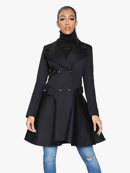Black Rose Eleusis double-breasted skater coat, spring/summer jacket with tailored fit and button details, shown on a hanger.