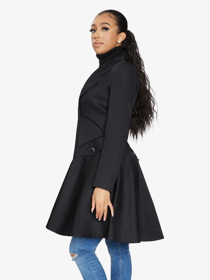 Black Rose Eleusis double-breasted skater coat for spring and summer, showcasing a stylish jacket with button details and a fitted silhouette.