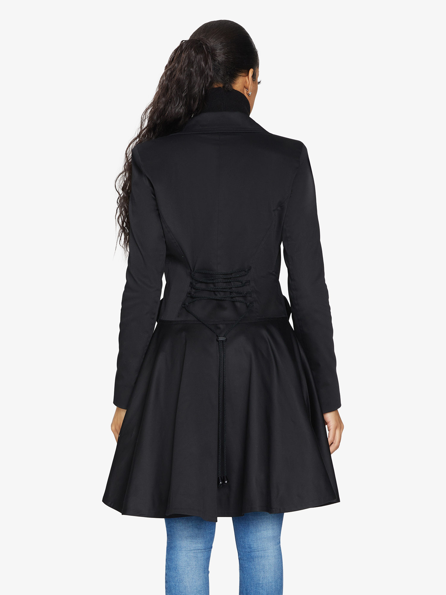 Black Rose Eleusis double-breasted skater coat, spring/summer jacket with stylish lapels and fitted silhouette, front view.