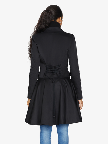 Black Rose Eleusis double-breasted skater coat, spring/summer jacket with stylish lapels and fitted silhouette, front view.