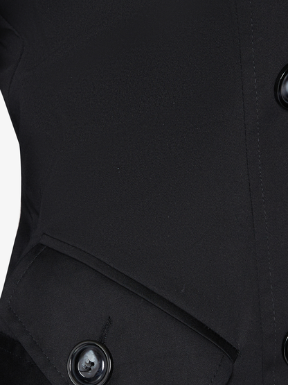 Black Rose Eleusis double-breasted skater coat for spring and summer, featuring a stylish jacket design with lapel collar and button details.