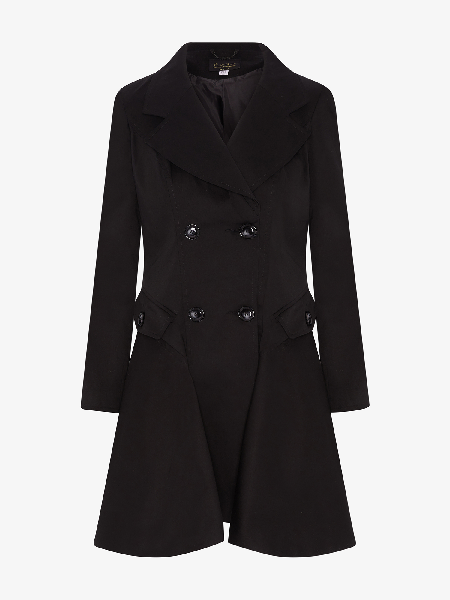 Black Rose Eleusis double-breasted skater coat with a stylish spring/summer design, featuring a tailored fit and classic lapel collar.