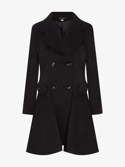 Black Rose Eleusis double-breasted skater coat with a stylish spring/summer design, featuring a tailored fit and classic lapel collar.