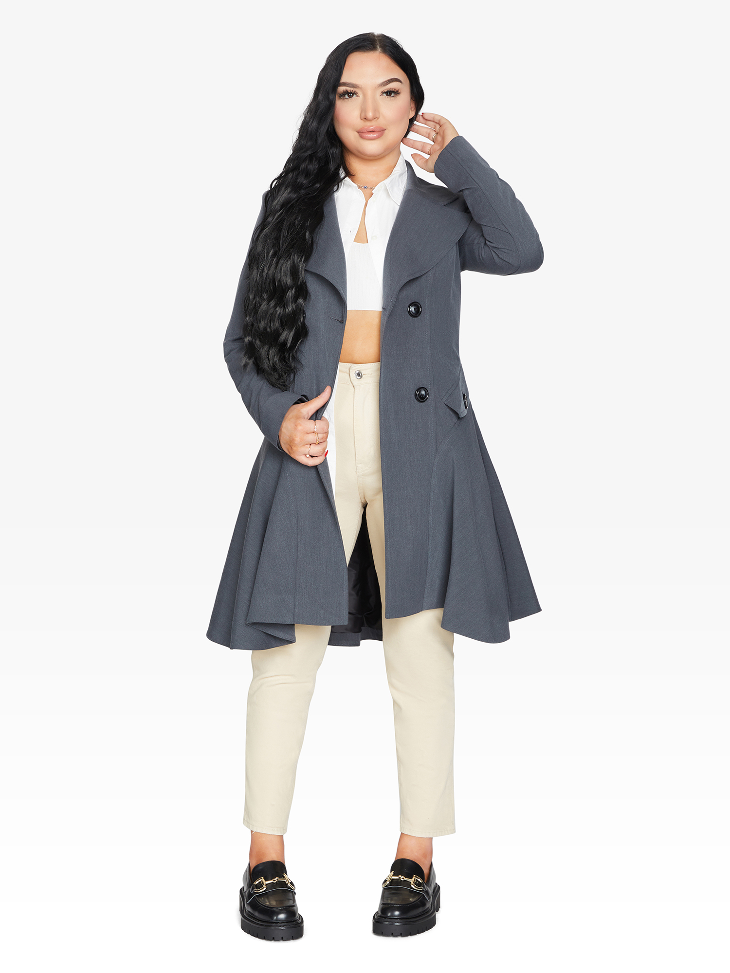 Gray Rose Eleusis double-breasted skater coat for spring and summer, stylish jackets and coats for women.