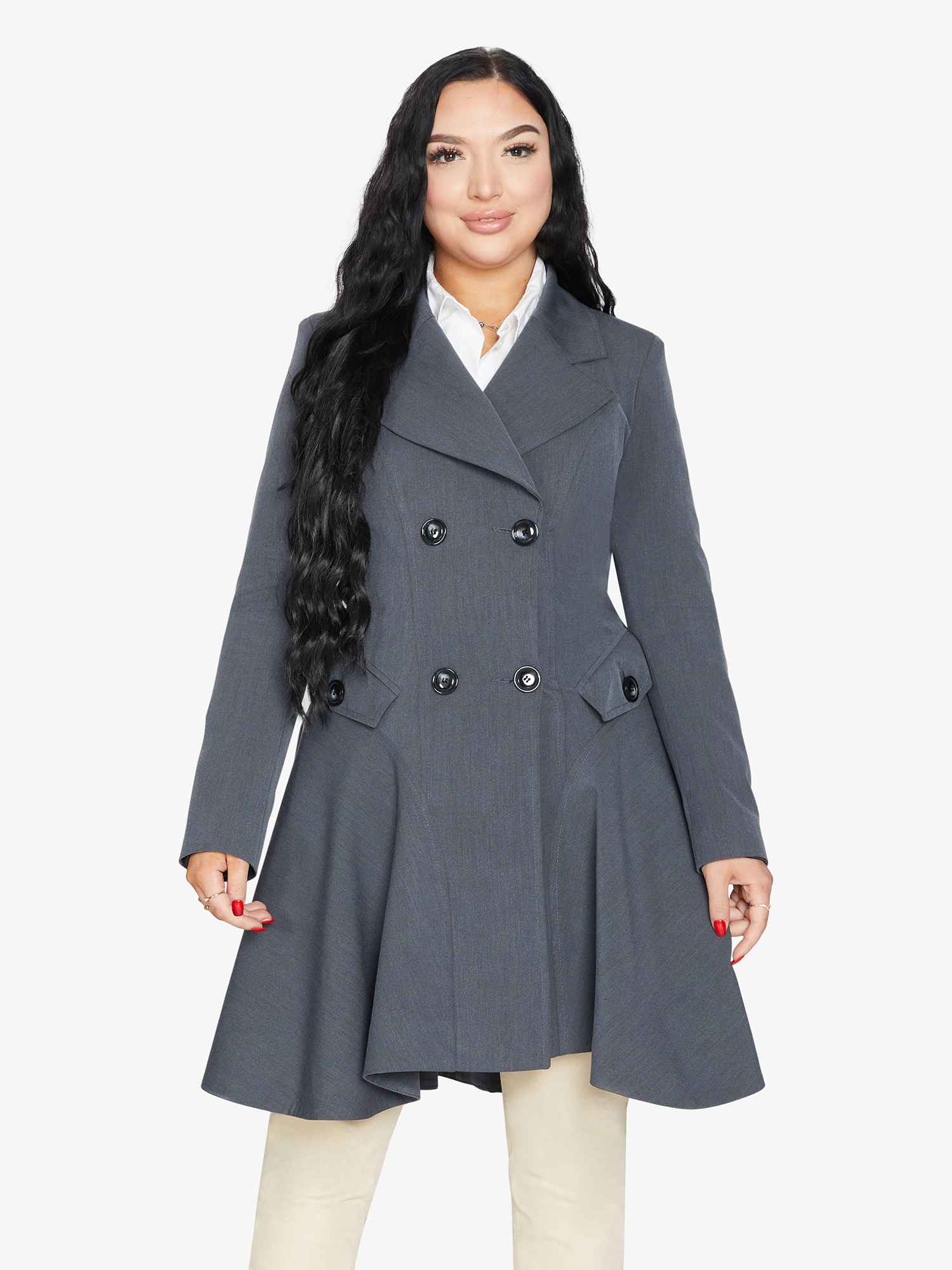 Grey Rose Eleusis double-breasted skater coat, spring/summer jacket with stylish lapels and button details, casual outerwear.