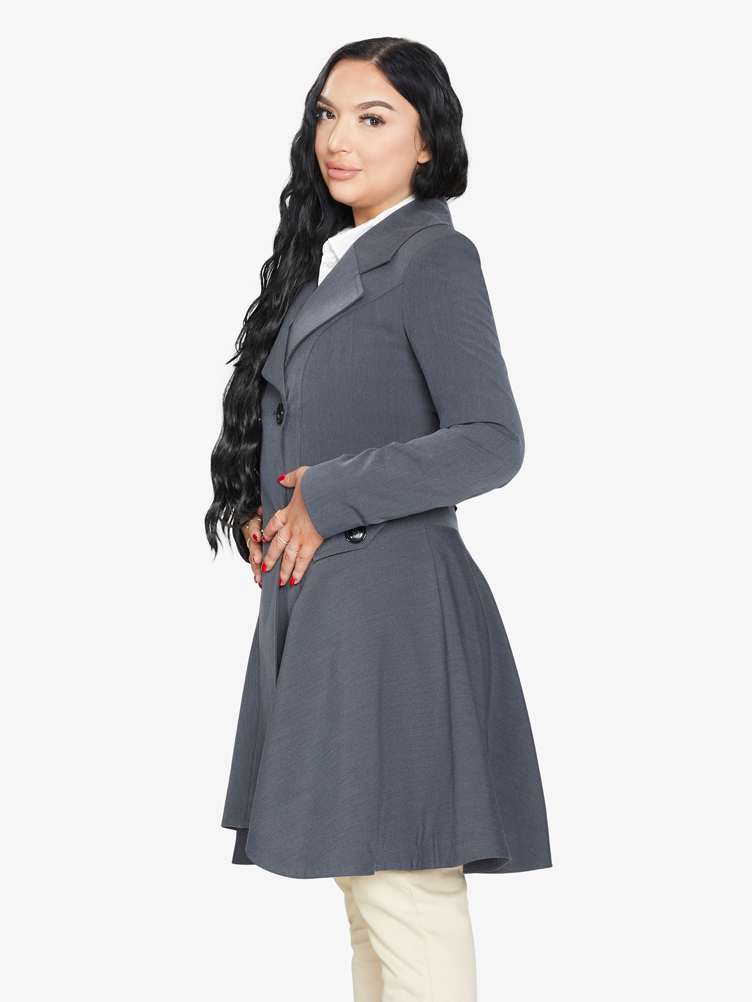 Gray Rose Eleusis double-breasted skater coat with a stylish collar and fitted silhouette, perfect for spring and summer wear.