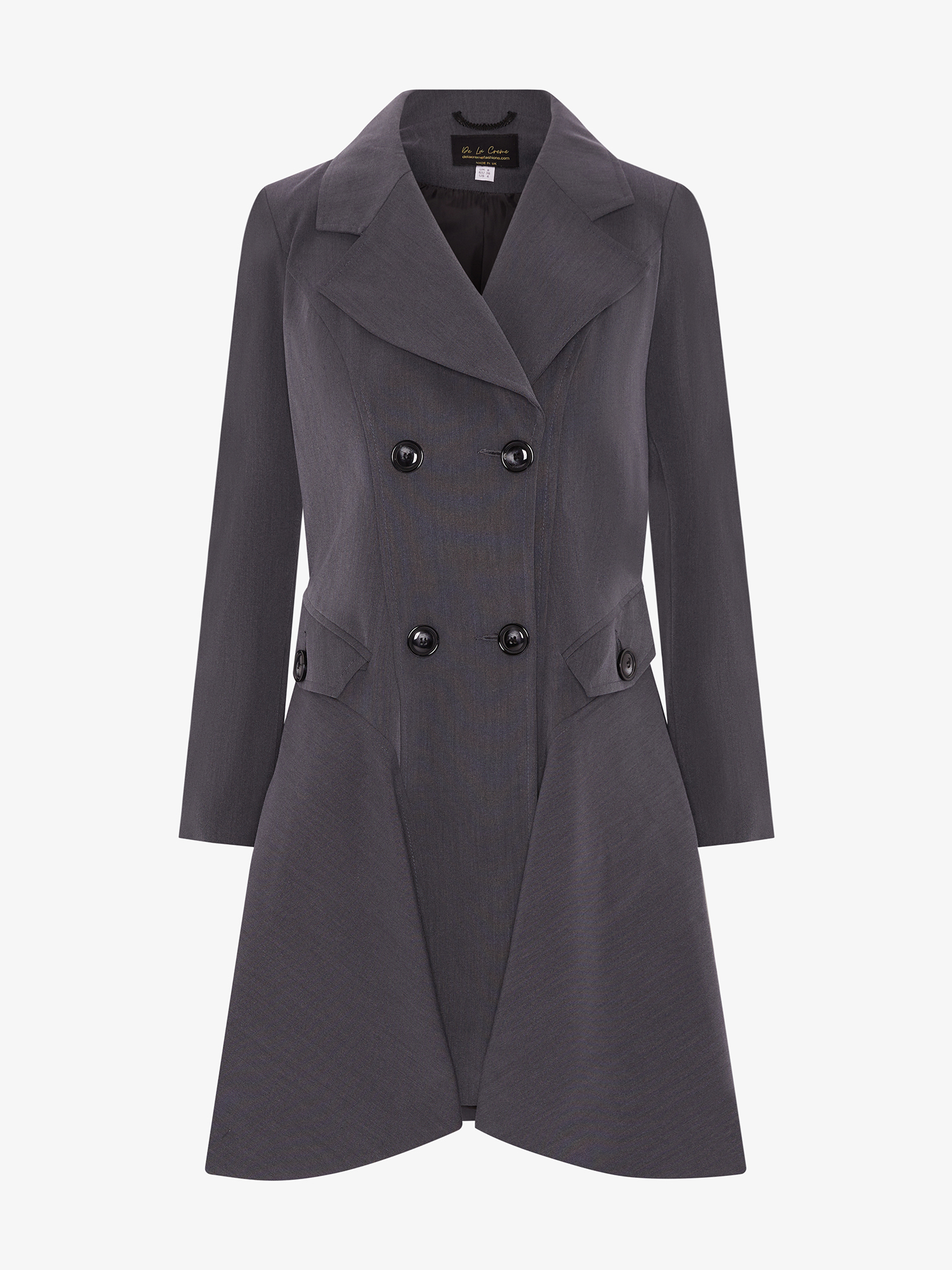 Gray double-breasted skater coat by Rose Eleusis, perfect for spring and summer, shown on a model with a stylish fit.