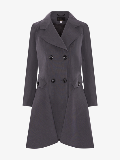Gray double-breasted skater coat by Rose Eleusis, perfect for spring and summer, shown on a model with a stylish fit.