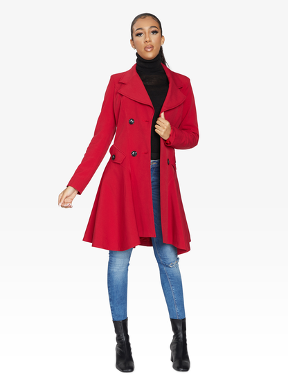 Rose Eleusis spring/summer double-breasted skater coat in lightweight fabric, displayed on a hanger with front view.